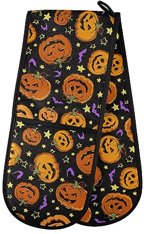 Double Oven Gloves Halloween Pumpkins Orange Lantern Heat Resistant Pot Holder Oven Mitt Gloves for BBQ Cooking Baking Grilling Microwave
