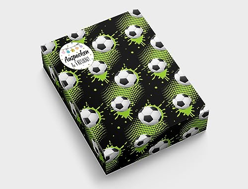 Geschenkpapier für Jungen Fussball Geschenkverpackung für kleine Geschenke Kindergeburtstag Mitgebsel Gastgeschenke verpacken Kindermotiv (12 Bögen in DIN A3 + 12 Aufkleber + 50 Verschlusspunkte)