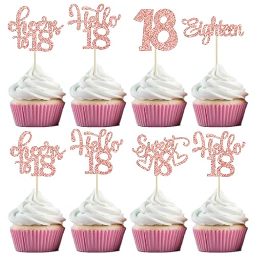 30Pcs18th Birthday Cupcake Toppers Eighteen Happy 18th Cupcake Picks Sweet 18 Cheers to 18 Cake Decorations for 18th Birthday Anniversary Party Supplies Rose Gold Glitter