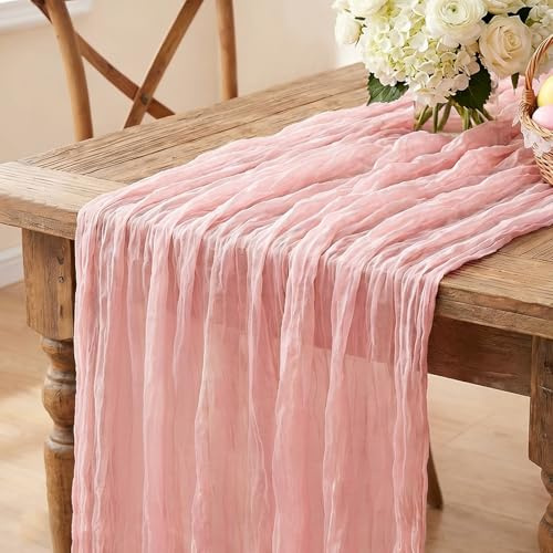 Pink Cheesecloth Table Runner, 10FT Dusty Pink Boho Gauze Table Runner for Spring Easter Girl Baby Shower Bridal Shower Wedding Tea Party Pink Birthday Decorations