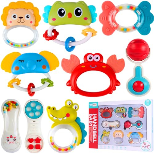 MalPlay Baby Rassel Set Spielzeug 9 STK, Tiermotiv Beißring, Kinder ab Geburt, Kleinkind Rasseln, Krokodil Elefant Löwe Schmetterling Eule Krebse