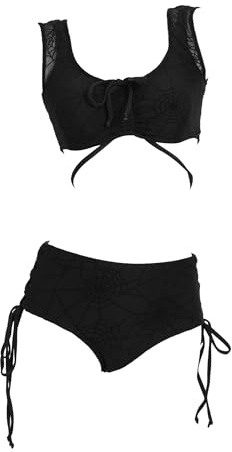 MEOWCOS.COM MEOWCOS Damen Bikini-Sets Gothic beflockt Spinnennetz Zweiteiliger Badeanzug Badeanzug Schwarz, Schwarz, XL