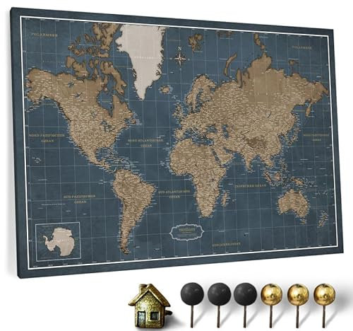 Hochwertige Canvas Weltkarte mit Kork-Pinnwand - Deutsche Beschriftung - Dekorative Wanddeko für alle Zimmer - Leinwandbilder mit Weltkarte Motiv (90x60 cm, Muster 5 Deutsch)