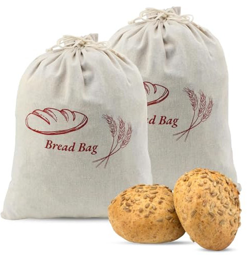 Esshogo Brotbeutel Leinen,2 Stück Brotsack 30×38cm,Wiederverwendbar Brotbeutel aus Baumwollleinen,Brotsack zum Frischhalten,für Brot,Obst,Gemüse