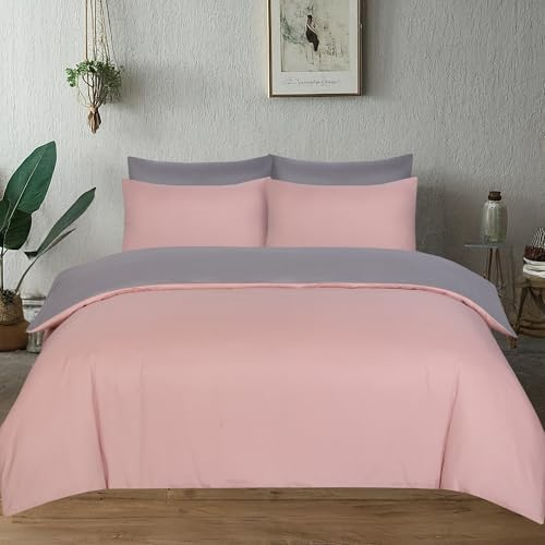 J.Din Single Blush Pink and Grey Duvet Cover Set Soft Brushed Microfiber | Plain Dyed Reversible Bedding with Matching Pillowcase