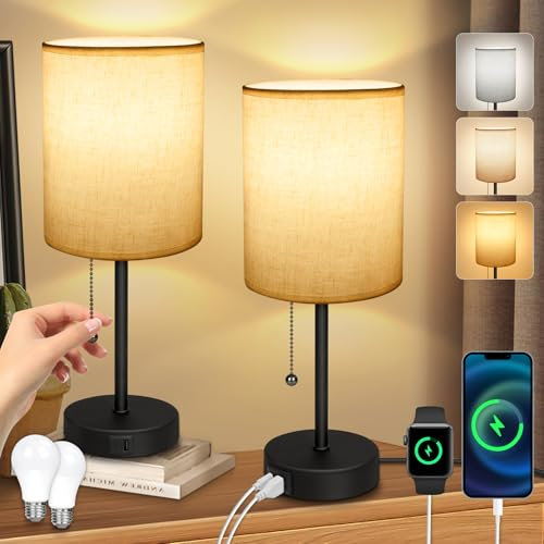 Nachttischlampe 2er Set - Nachttischlampe mit Ladefunktion USB A+C-Anschlüssen, 2 LED Birnen, Leinen-Lampenschirm Einstellbare Farbtemperatur Tischlampe für Schlafzimmer Wohnzimmer Babyzimmer Büro
