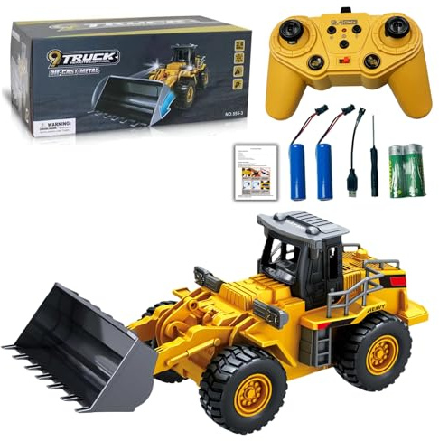 LioMaxi 9 Canale 1:16 quattro ruote Bulldozer telecomandato giocattolo,con luci e suono, pala in metallo,telecomando senza fili,Caricatore Frontale con Telecomando,per Regali Per Bambini