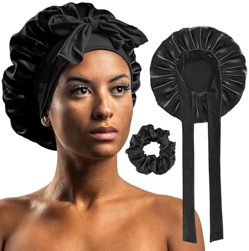1 Set Satin Bonnet,Silk Sleep Bonnets for Women,Hair Bonnet with Tie Band,Adjustable Satin Night Sleeping Cap,Soft Elastic Band Silk Bonnets for Curly Hair Braid Women(A hat and a hair band)