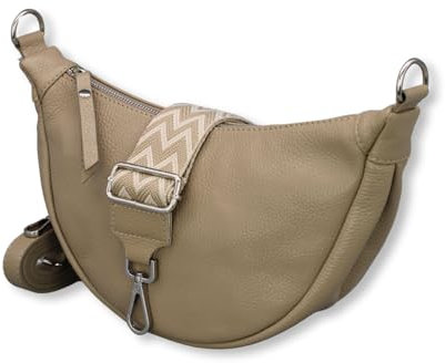 ADEL - Borsa a tracolla da donna in vera pelle, a forma di mezzaluna, con tracolla in pelle + tracolla larga con 4 scomparti, made in Italy, talpa
