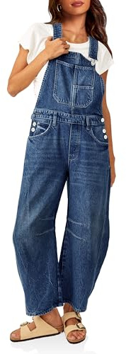 PLNOTME Women's Denim Bib Overalls Barrel Leg Adjustable Strap Jeans Pants Jumpsuits with Pockets