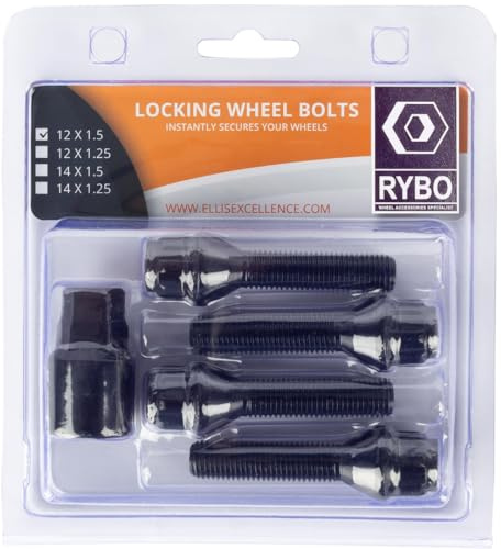 RYBO Set of 4 M12 x 1.5 Tapered Alloy Wheel Locking Bolts (Black, 40mm Thread Length)