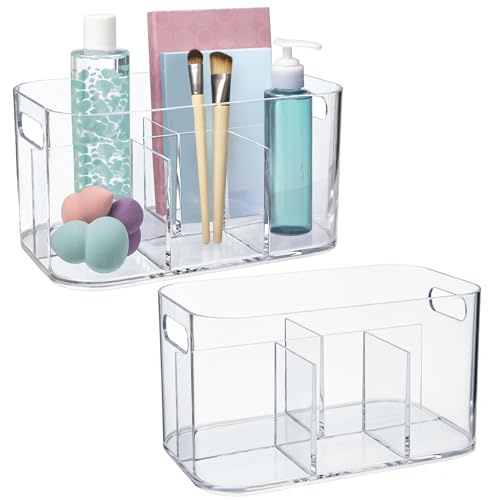 STORi Bliss 5-Compartment Plastic Cosmetics Storage Organizer, Set of 2 | Clear | Rectangular Divided Makeup Bin & Vanity Caddy with Pass-Through Handles | Round Corner Design | Made in USA