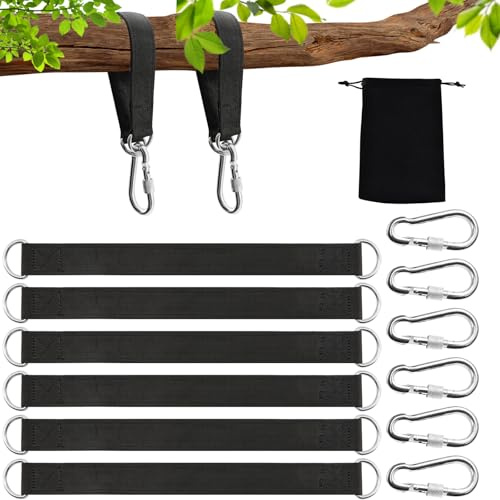 lafo Schaukel Befestigung, Hängematten Befestigung, 6 x 29 cm Hängematte Gurte mit 6 Schwerlast Karabinern und D-Ringen für Nestschaukel Outdoor/Indoor + Samtbeutel