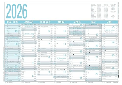 Zettler Arbeitstagekalender grau/türkis A4 2026 – Bürokalender 30 × 21 cm, 7 Monate pro Seite inkl. Dez. 2025 & Jan. 2027, Arbeitstage-, Tages- & Wochenzähler, Ferienübersicht, Feiertage, FSC Karton