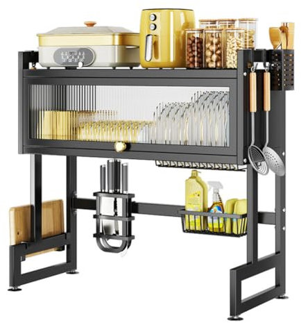 Scolapiatti sopra Il lavandino con Grande ripiano in Acciaio per scolapiatti, mobiletto portaoggetti da Cucina per la casa, Bianco 75 cm (Nero 105 cm)