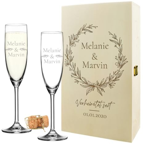 polar-effekt Sektgläser 200 ml 2er-Set & Holzbox mit Gravur zur Hochzeit - das Hochzeitsgeschenk für Paare - langlebige Schaumweingläser - mit Wunschgravur