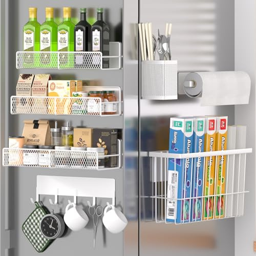 Magnetic Spice Rack for Refrigerator, 7 Pack 100% Metal Strong Magnet Shelf, Spice Organizer W/ Paper Towel Holder, Hook Rack, Utensil Caddy & Cutting Board Holder, Home Kitchen Organization,White