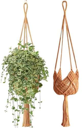 Hangable Macrame Plant Holder, Ceiling Hanging Planter Basket, 35 Inches Space-Saving Compact, Boho Crochet Plant Hangers for Window, Living Room, Balcony, Home Decor