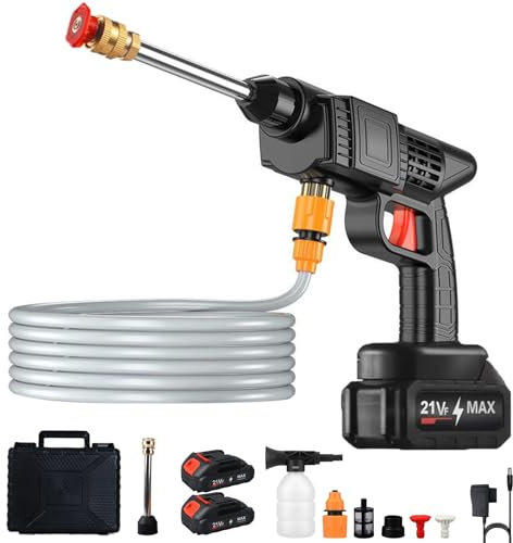 Idropulitrice a Batteria, Iidropulitrice Portatile da 21 V con 2 Batterie & Tubo Flessibile da 16,4 FT, Ugello Regolabile per Lavaggio a Getto, Giardino, Auto, Patio, Pulizia Pavimenti