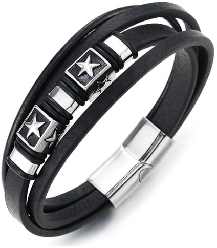 COOLSTEELANDBEYOND Bracciale da Uomo in Pelle con Ciondolo Stella, Dettagli in Acciaio, Bracciale Avvolgente a Strati Regolabile