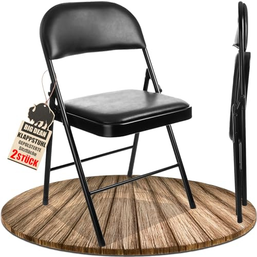 BigDean Klappstuhl 2 gepolstert Klappstühle schwarz Metall Stuhl bis 130 kg | mit Kunstlederbezug, gepolsterte Sitzfäche, gepolsterte Rückenpartie, robust und stabil, belastbar bis 130kg