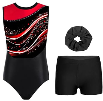 Sinleey Kinder Mädchen Turnanzug Gymnastikset Leotard Ärmelloser Gymanzug Strass Glänzend Tanz Body Short Haarband