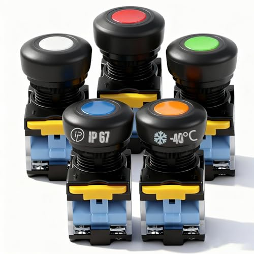 Rankomu 5 Unidades Pulsador IP67 Estanco, 22mm Botón momentáneo Interruptor 10A 440V 1NO 1NC DPST, -40°C a +55°C resistente a heladas, 5 Colores (Rojo Verde Azul Naranja Blanco)