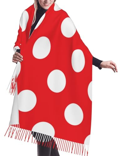 gawuoab Bufanda ligera de invierno con flecos y lunares rojos y blancos, con tacto de cachemira, para mujer, de 198 y 68 cm
