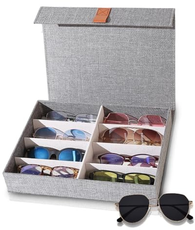 FARYODI Premium Brillen Aufbewahrungsbox, Brillenbox für Mehrere Brillen, Brillenaufbewahrung für Sonnenbrillen mit 8 Fächern, aus Leinen Stoff, Brillenaufbewahrung und Präsentation (Grey)