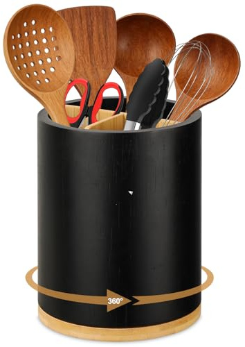 Küchenutensilienhalter aus Holz,Runde Besteckhalter Organizer mit abnehmbarem Fachtrenner, 360° drehbarer Kochutensilienhalter aus Holz für Küche, Kochutensilien, Besteckbehälter, Löffel und Spatel