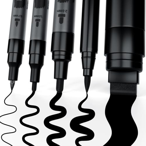 Alitastro 5 Acrylic Black Paint Pen, 5 Different Tips Water-based Acrylic Paint Markers - Extra Fine, Fine Medium, Brush Tip & Jumbo Pens for Plastic, Ceramic, Wood, Rock Painting, Tire, Metal, Glass