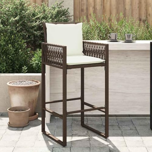 mtlskopl Brown 18.3 H Patio Bar Stool Set 2, Synthetic Rattan, Steel Frame, Removable Cushions, 535 lb Load, Home & Commercial