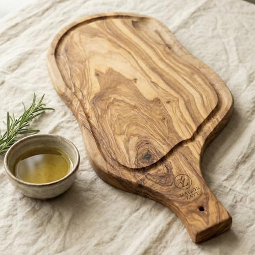 Maison Zayt - Planche Apéro en Bois d'Olivier avec Manche 40cm - Plateau Présentation Charcuterie Fromage Tapas - Fait Main - Idée Cadeau Cuisine Originale
