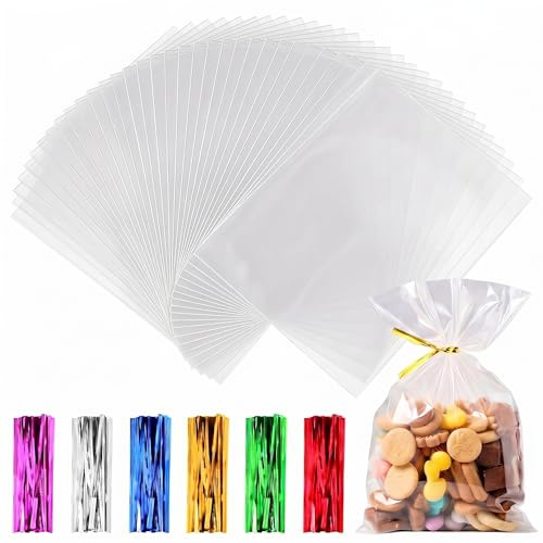 100 Stück Cellophantüten Klein, 15x25 cm Zellophantüten Tütchen Transparent Kleine Tüten für Süßigkeiten Zellophanbeutel mit 100 bunten Krawatten für Brot Kekse Kindergeburtstag Gastgeschenke Tütchen