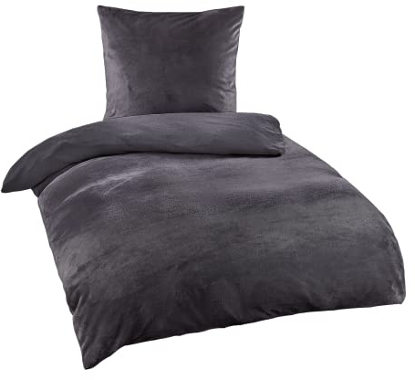 BaSaTex Cashmere-Touch Bettwäsche Set, 155x220 + 80x80 cm, Anthrazit | Plüsch Winter, warme Nicky Teddy Flausch Qualitäts-Bettwäsche, Kissenbezug
