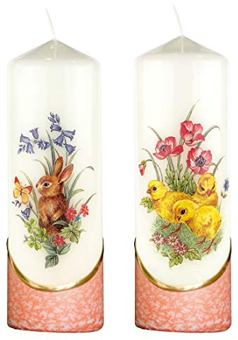 Meissner-Handel Auswahl * 2 Stück Osterkerze Stumpenkerze Osterdeko * 6 x 18 cm * mit farbigen Wachs- und Bildauflagen * Auswahl Motiv + Farbe * orange * (Serie 3 - Set 08/09)