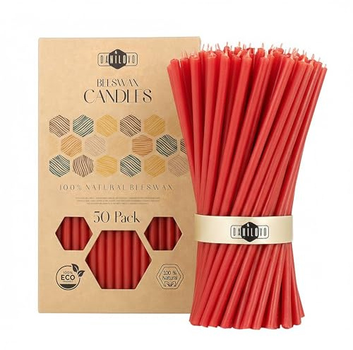 Danilovo Bienenwachs Kerzen 50 Stück (Rot) - Orthodoxe Kerzen für Gebet Rituals Tischdeko - Ungiftig, Ruß - Tropffrei, Lang, Nachhaltige Produkte (Höhe 16 cm)