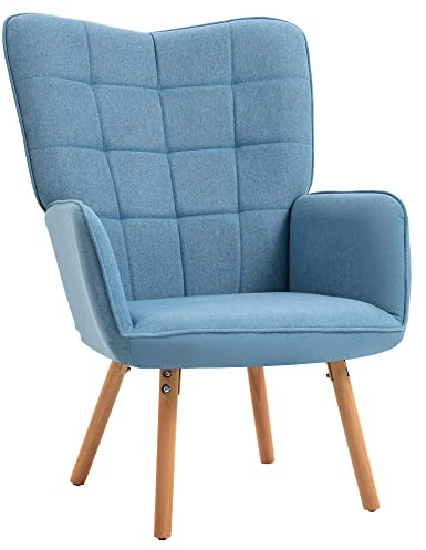 HOMCOM Sillón de Salón Moderno Butaca de Dormitorio con Respaldo Alto Reposabrazos Tela de Lino y Patas de Madera para Sala de Estar 71x76x101 cm Azul