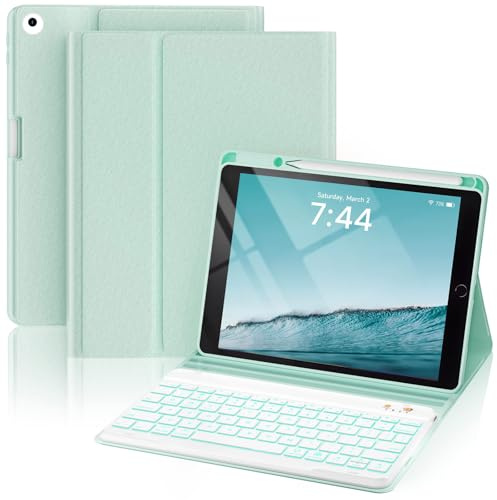 OYEEICE Funda para iPad de 6ª y 5ª generación con teclado de 9.7 pulgadas y Air de 2ª generación, teclado inalámbrico retroiluminado de 7 colores con soporte para lápiz para iPad 6ª/5ª Pro de 9.7