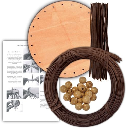 Korbflechtset [22] - Hängekorb Peddigrohr braun mit Holzperlen natur inkl. Anleitung