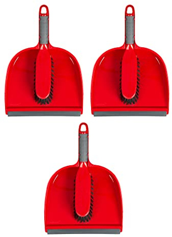 M1SS Set of 3- Dustpan and Brush with Soft Bristles Red Colour | Heavy-Duty Plastic Cleaning Dustpan Set For Indoor, Outdoor Floor Cleaning- Made In UK