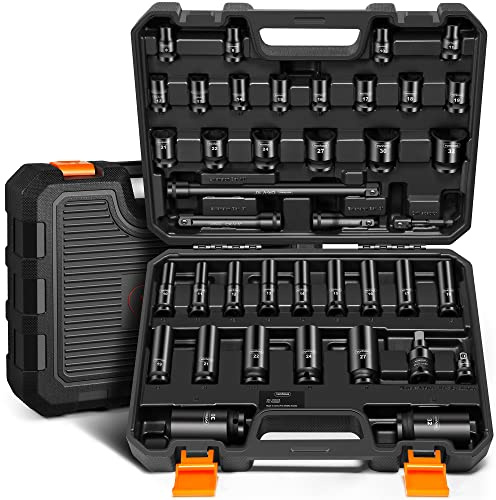 VonHaus 1/2 Impact Socket Set - 40pcs Deep Impact Sockets 1/2 Inch Drive with Extension Bar, Drill Adapter, Universal Joint and 1/2 to 3/8 Adapter - Heavy Duty for DIY, Car Repair