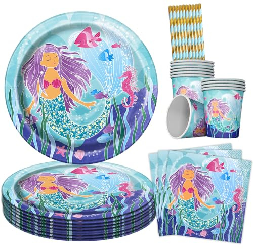 YOUYIKE Meerjungfrau Geschirrset 10 Gäste, 40 pcs Meerjungfrau Geburtstag Geschirr Set Abendessen Teller für Geburtstagsfeier,Hochzeit, Picknick,Schulfeiern, Poolpartys,und mehr