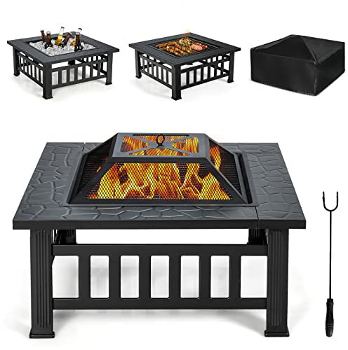 GYMAX 3 in 1 Braciere da Esterno, Struttura Resistente in Ferro, Portata 10 kg, Griglia per Barbecue, con Copertura e Attizzatoio, Braciere da Campeggio, 81 x 81 x 50 cm