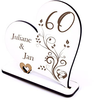 DEKOLANDO Diamantene Hochzeit Deko Herz 60 Jahre Jubiläum personalisiert Tischdeko 60er Hochzeitstag Aufsteller Schild Geldgeschenk Tischaufsteller 15 x 15 cm