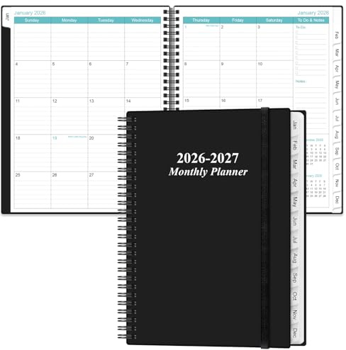 2026-2027 Monthly Planner - 18 Monthly Calendar, January 2026 - June 2027, Two Pages Per Month, 9 x11 Planner with Tabs, Strong Twin-Wire Binding, Inner Pocket, Black