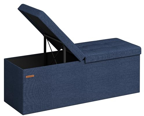 SONGMICS Mazie Collection - 43 Inches Storage Ottoman, Foldable Storage Bench with Flipping Lid, 660 lb Load Capacity, for Entryway, Living Room, Bedroom, Midnight Blue ULSF076Q02