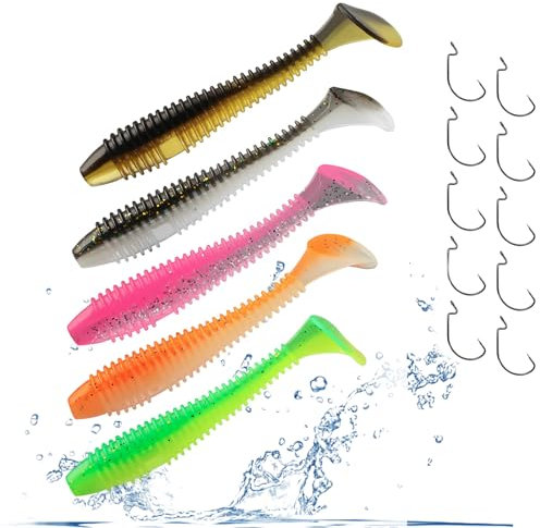 RYAN 25 Stück Gummifische Hecht Köder Set mit 10 Angelhaken Zander Köder Klein Angelköder Set Lebendige Weiches Kunstköder für Hecht Barsch Zander Angeln (7.5 cm, 3.3 G)