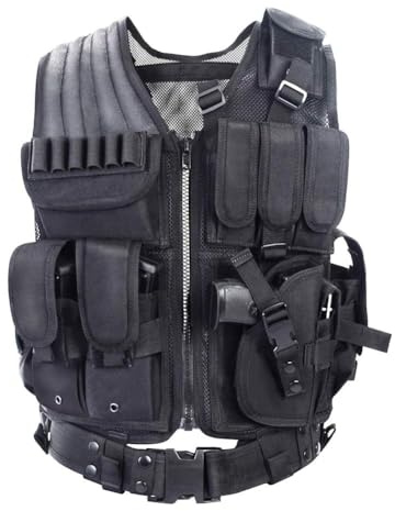 BOMTURN Tactical Vest Outdoor Ultra-Light Breathable Durable Mesh Airsoft Vest Adjustable Detachable Belt & Holster