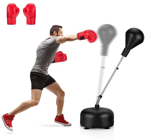 GYMAX Punchingball Boxstand, höhenverstellbar 140-158 cm, Boxbirne stehend mit auffüllbarem Sockel, Bodensaugnäpfen & Boxhandschuhe, Boxsack mit Ständer für Erwachsene